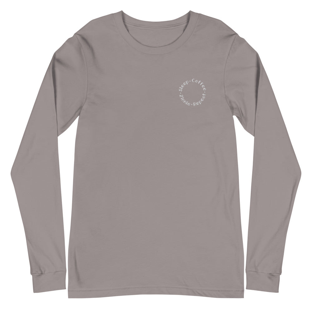 Sleep. Coffee. Zinnia. Repeat. - Unisex Long Sleeve Tee